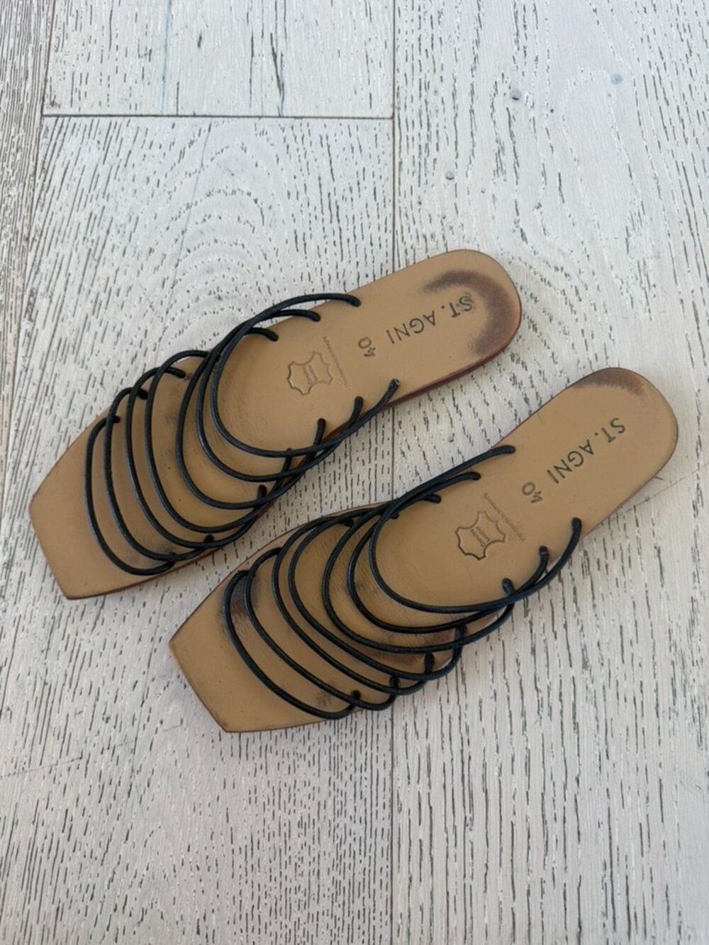 St. Agni Black Strappy Leather Flat Sandals - Women’s